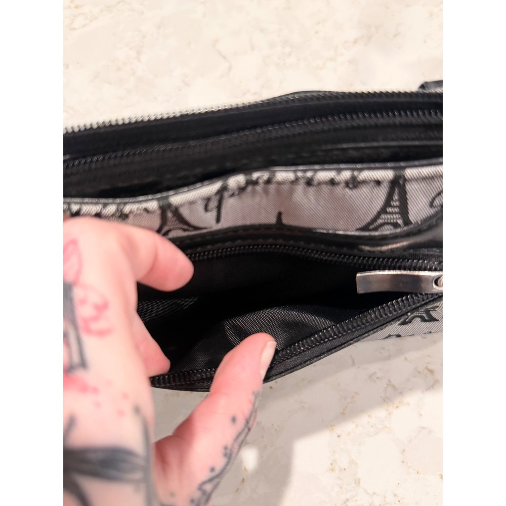 Y2K 2000s Paris Eiffel Tower Print Mini Shoulder Bag Grey Black Baguette Purse - Picture 10 of 10